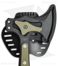 Hogue Knives 14" EX-T01 Tomahawk Axe OD Green G-10 -Sharp Knife World hogue knives 14in ex t01 tomahawk axe od green 35778 ex t01 BHQ 37157 er sheath closeup